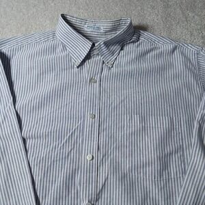 Mens Manhattan Wrinkle-Free Blue Vertical StripeButton Dress Shirt Size 17 34/35